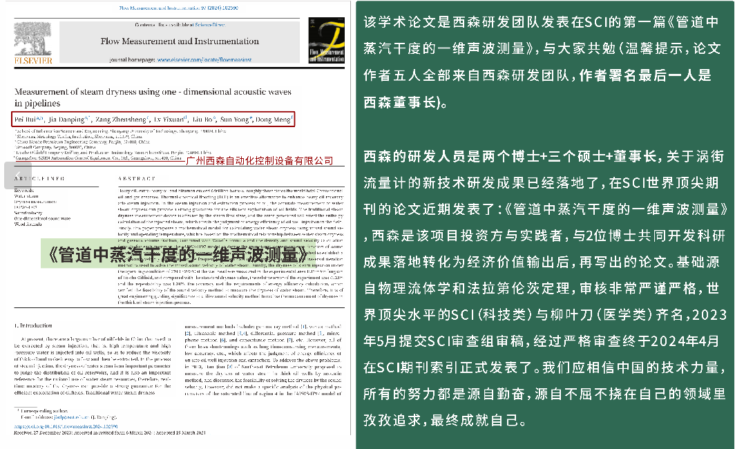 西森研發(fā)團(tuán)隊(duì)首篇 SCI 論文〈管道中蒸汽干度的一維聲波測(cè)量〉發(fā)布