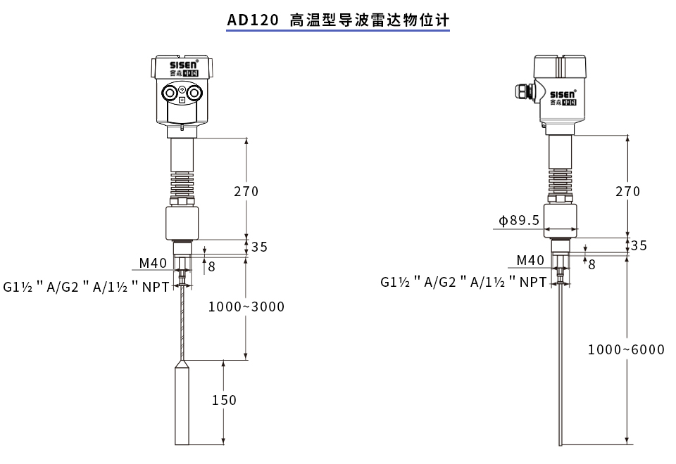 AD120高溫型導(dǎo)波雷達(dá)物位計(jì)產(chǎn)品尺寸